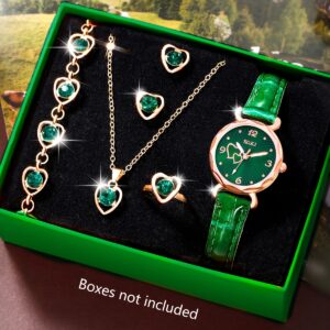 Ladies Watch 6pcs Ladies Fashionable Casual Quartz Watch with Peach Shaped Dial And Heart Necklace Earrings Bracelet Rings Jewelry Set Suitable for Daily Wear, Back-to- Season, Graduation Season, Thanksgiving, Couples, The Best Gifts No Box