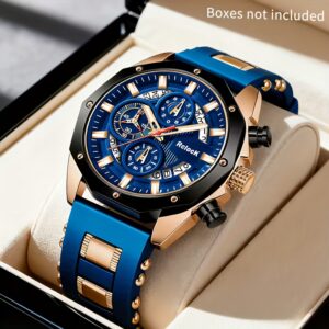 1 MSCXDK Modern Luxury Blue & Golden Chronograph Analog Watch with Date/Day Display, Shockproof Quartz Movement, Golden Case & Blue Strap – Unisex Wristwatch for Men & Women, Dress Watch for Casual/Formal Occasions, Gift for Him/Her
