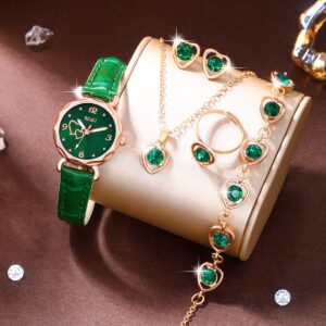 Ladies Watch 6pcs Ladies Fashionable Casual Quartz Watch with Peach Shaped Dial And Heart Necklace Earrings Bracelet Rings Jewelry Set Suitable for Daily Wear, Back-to- Season, Graduation Season, Thanksgiving, Couples, The Best Gifts No Box