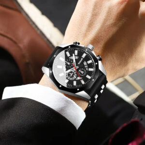 1 MSCXDK Modern Luxury Blue & Golden Chronograph Analog Watch with Date/Day Display, Shockproof Quartz Movement, Golden Case & Blue Strap – Unisex Wristwatch for Men & Women, Dress Watch for Casual/Formal Occasions, Gift for Him/Her